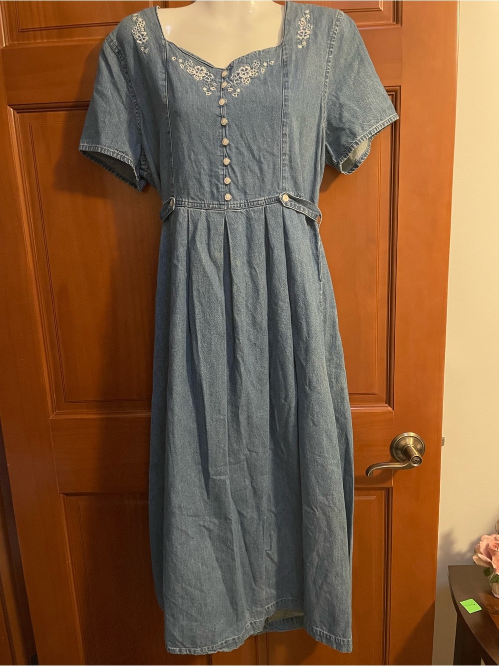 1990’s Erika & Co. Vintage Blue Maxi Dress with Embroidered Neckline